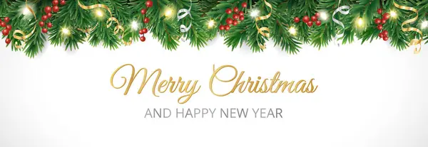 带有装饰和字体的假日横幅 圣诞树边 灯花环 白色的节日框架 庆祝向量背景 冬天的头头 新年派对海报 — 图库矢量图片