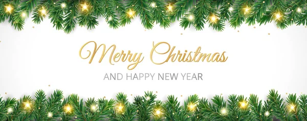 带有装饰和字体的假日横幅 圣诞树边 灯花环 白色的节日框架 庆祝向量背景 冬天的头头 新年派对海报 — 图库矢量图片