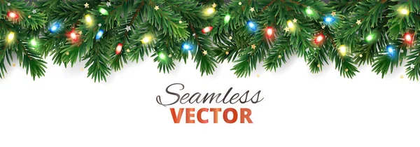 Árbol Navidad Decoración Inconsútil Aislado Blanco Árbol Siempreverde Con Luces — Archivo Imágenes Vectoriales