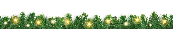 Nahtlose Urlaubsdekoration Weihnachtsbaumrand Mit Lichtergirlanden Festlicher Rahmen Isoliert Auf Weiß — Stockvektor