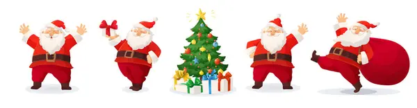 圣诞公公和装饰圣诞树的卡通画 寒假设计元素隔离在白色上 有趣又可爱的复古角色 新年贺卡 矢量图形