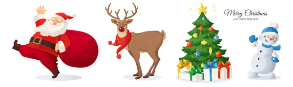 Векторная Иллюстрация Санта Клауса Снеговика Северного Оленя Украшенной Елки Подарками Стоковый вектор