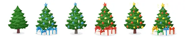 Sada Kreslených Vánočních Stromků Dárky Izolované Bílém Pozadí Dekorace Hvězdami Vektorová Grafika