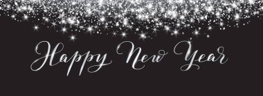 Mutlu Noeller ve yeni yıl afişi tasarımı. Gümüş parıltı süslemesi, düşen toz dokusu. Parlak, ışıl ışıl bir sınır, çerçevesi siyah arkaplan. Tatil başlıkları, kartlar, parti posterleri için. Vektör