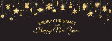 Süslü Noel pankartı. Mutlu Noeller ve mutlu yıllar mesajı. Siyah arkaplanda parlak altın süsler. Tatil çerçevesi, sınır. Başlıklar için ışıltılı çelenkler, parti posterleri.