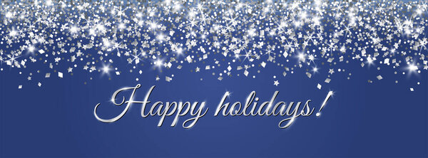 Счастливых праздников! Серебряный блеск, текстура падающей пыли. Блестящая сверкающая граница, рамка на синем фоне. На рождественские и новогодние заголовки, открытки, праздничные плакаты. Вектор