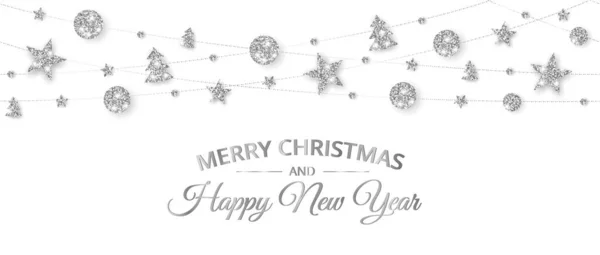 带有装饰品的矢量圣诞横幅 圣诞快乐 新年快乐 白色背景的银饰品 假日框架 庆祝会头领的华丽花环 派对海报 图库插图
