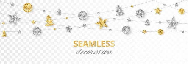 ベクターシームレスな装飾 白い背景に隔離された金と銀の装飾 クリスマスの休日の枠 お祝いのバナー ヘッダーのためのグリッターガーランド 水平に繰り返される ロイヤリティフリーのストックイラスト