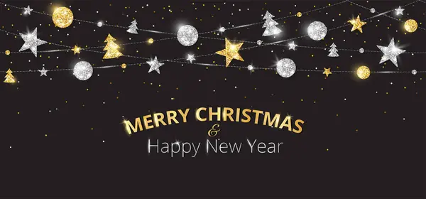 带有装饰品的矢量圣诞横幅 圣诞快乐 新年快乐 黑色背景上的金银饰品 假日框架 头饰花环 派对海报 图库矢量图片