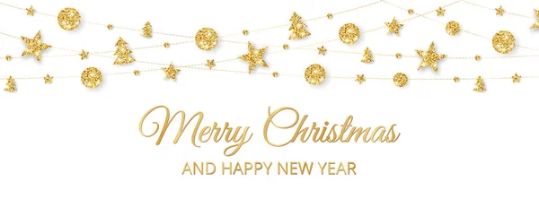 带有装饰品的矢量圣诞横幅 圣诞快乐 新年快乐 白色背景的金色饰物 假日框架 庆祝会头领的华丽花环 派对海报 图库插图