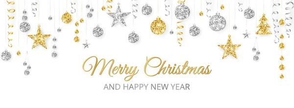 带有装饰品的矢量圣诞横幅 圣诞快乐 新年快乐 白色背景的银饰和金饰 假日框架 头饰花环 派对海报 免版税图库矢量图片