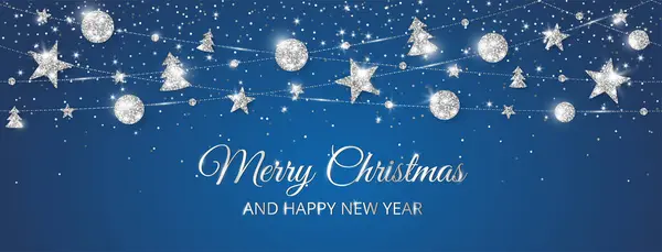 装飾が付いているベクトル クリスマスの旗 メリークリスマスとハッピーニューイヤーテキスト 青い背景にスパークリングシルバーの装飾 ホリデーフレーム ヘッダー パーティーポスターのためのグリッターガーランド ロイヤリティフリーのストックイラスト