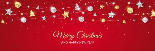 装飾が付いているベクトル クリスマスの旗 メリークリスマスとハッピーニューイヤーテキスト 赤い背景に金と銀の装飾が施されています ホリデーフレーム ヘッダー パーティーポスターのためのグリッターガーランド ベクターグラフィックス