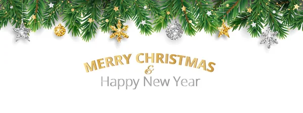 白い背景に隔離されたベクトルクリスマスの装飾 シームレスな休日の境界線 金と銀の装飾が施されたフレーム パインツリーの枝 お祝いのバナー ヘッダー ポスターのため ストックベクター