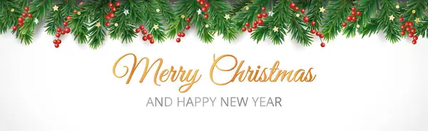 白で隔離されたクリスマスの装飾 ベクトルホリデーボーダー フレーム 松の木の枝に赤いホリーベリー メリークリスマステキスト お祝いのバナー ヘッダー ポスターのため ロイヤリティフリーのストックイラスト