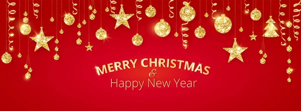 带有装饰品的矢量圣诞横幅 圣诞快乐 新年快乐 红色背景的金色饰物 假日框架 庆祝会头领的华丽花环 派对海报 图库插图