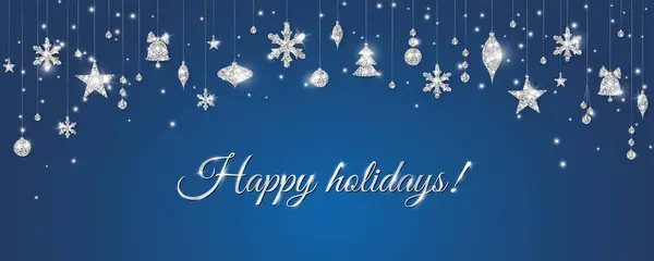 Vektor Karácsonyi Transzparens Díszítéssel Boldog Ünnepeket Csillogó Ezüst Dísztárgyak Kék Stock Illusztrációk