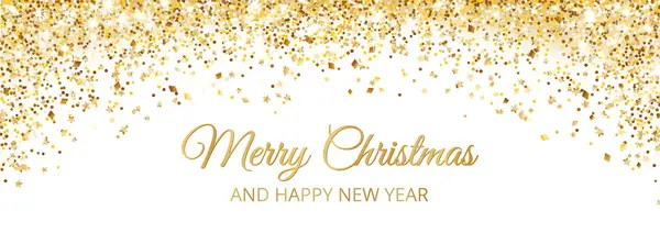 メリークリスマスと新年のバナーデザイン 金の輝く装飾 落ちる黄金の塵の質 白で隔離された光沢のある国境 休日のヘッダー カード パーティーポスターのため ベクター ストックイラスト