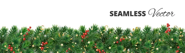 被白色隔离的无缝隙圣诞树花环 现实的松树枝条 红色冬青浆果和金色装饰 假日横幅 促销活动的媒介边界 免版税图库矢量图片