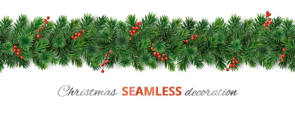シームレスなクリスマスツリーの装飾 赤いホリーベリーのパインツリーガーランド 現実的なベクトルブランチ 休日のバナー ポスター カード プロモーションのための国境 ストックイラスト