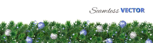 白に隔離されたシームレスなクリスマスツリーガーランド シルバーとブルーの装飾を持つ現実的な松の木の枝 休日の旗 ポスター カード 昇進のためのベクトル境界の装飾 ストックベクター