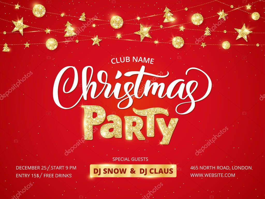 Christmas party poster template. Holiday flyer design, club invitation. Gold sparkling glitter decoration, frame on black background. Christmas party lettering. Free font Open Sans for text. Vector