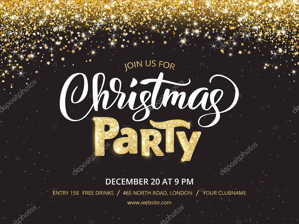 Christmas party poster template. Holiday flyer design, club invitation. Gold sparkling glitter decoration, frame on black background. Christmas party lettering. Free font Open Sans for text. Vector