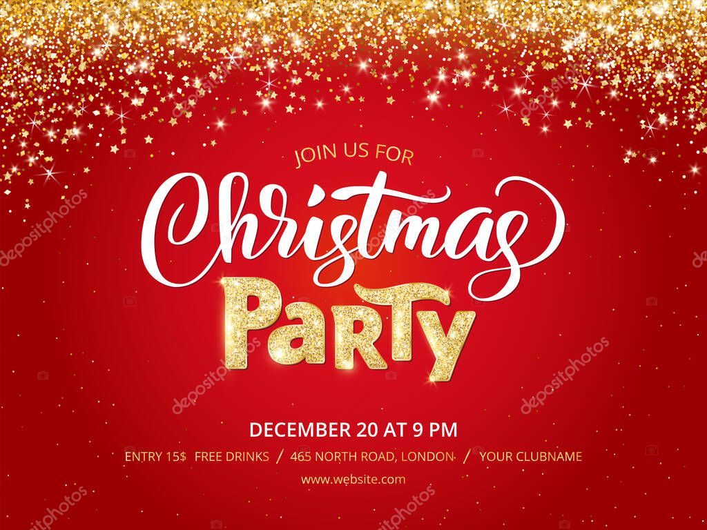 Christmas party poster template. Holiday flyer design, club invitation. Gold sparkling glitter decoration, frame on red background. Christmas party lettering. Free font Open Sans for text. Vector