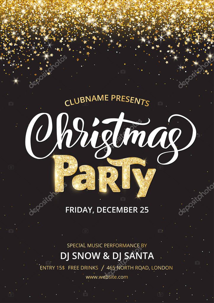 Christmas party poster template. Holiday flyer design, club invitation. Gold sparkling glitter decoration, frame on black background. Christmas party lettering. Free font Open Sans for text. Vector