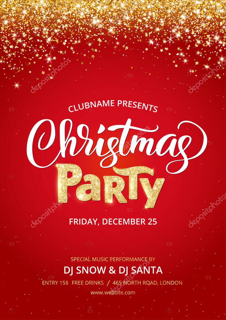 Christmas party poster template. Holiday flyer design, club invitation. Gold sparkling glitter decoration, frame on red background. Christmas party lettering. Free font Open Sans for text. Vector