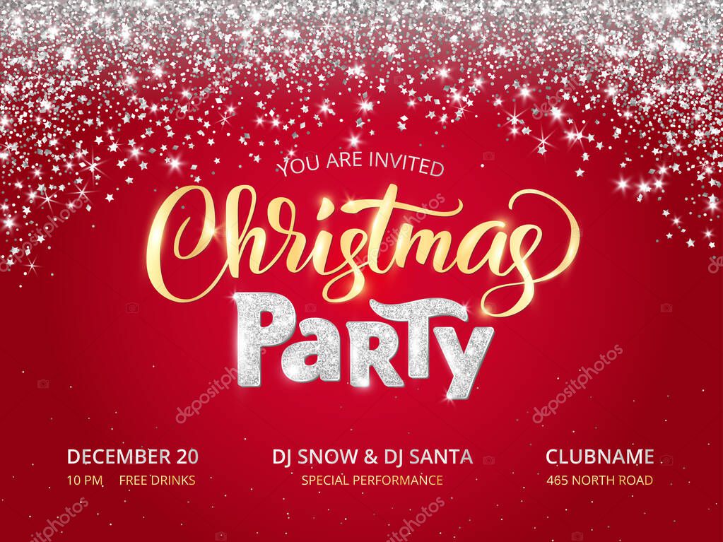 Christmas party poster template. Holiday flyer design, club invitation. Gold and silver sparkling glitter decoration, frame on red background. Christmas party text lettering.Free font Open Sans.Vector
