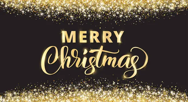 メリークリスマスと新年のカードデザイン 金の輝く装飾 落ちる黄金の塵の質 明るく輝く境界線 黒い背景のフレーム クリスマスバナー パーティーポスター ロイヤリティフリーストックベクター