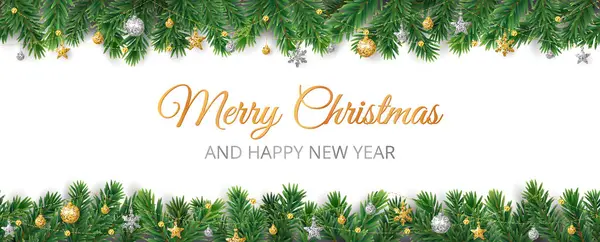 白い背景に隔離されたベクトルクリスマスの装飾 休日の国境 金および銀の装飾が付いているフレーム パインツリーの枝 お祝いのバナー ヘッダー ポスターのため ベクターグラフィックス