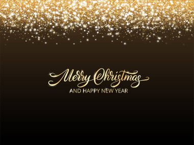 Noel afişi. Siyah arka planda altın parıltılı ışıklar. Mutlu Noeller kaligrafi metni. Lüks dekorasyon, konfeti çerçevesi. Noel indirimi, yeni yıl partisi posterleri, başlıklar. Vektör.