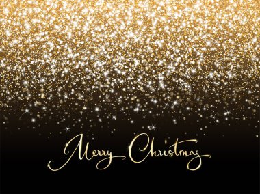 Noel afişi. Siyah arka planda altın parıltılı ışıklar. Mutlu Noeller kaligrafi metni. Lüks dekorasyon, konfeti çerçevesi. Noel indirimi, yeni yıl partisi posterleri, başlıklar. Vektör.