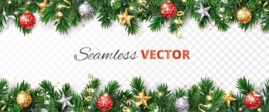 Noel süssüz süsleme. Noel ağacı sınırı, çerçeve. Altın ve kırmızı parıltılı süsler, yıldızlar. Tatil başlıkları, afişler, parti posterleri için. Şeffaf arkaplan vektör dosyasından silinebilir.