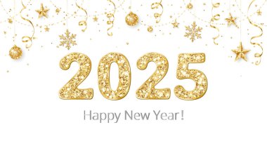 Yeni yılınız kutlu olsun. 2025 altın parıltılı sayı. Konfeti, kar taneleri ve yıldız süslemeleri. Altın kutlama geçmişi. Noel tatili için el ilanları. Vektör illüstrasyonu.