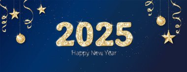 Yeni yılınız kutlu olsun. Mavi arka planda 2025 altın parıltılı sayı. Kurdeleler, süsler ve yıldız süslemeleri. Altın kutlama geçmişi. Noel tatili için el ilanları. Vektör
