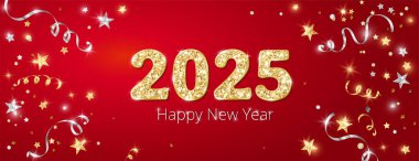 Mutlu yeni yıl afişleri. 2025 altın parıltılı sayı. Kırmızı arka planda altın ve gümüş konfeti. Uçan kurdeleler ve yıldızlar. Vektör dekorasyonu. Noel ve tatil başlıkları için, parti ilanları.