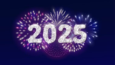 Yeni yılın kutlu olsun. 2025 beyaz parıltılı sayı. Parlak havai fişek patlaması ile gece gökyüzü. Tatil dekorasyonu. Takvimler, parti posterleri, Noel dönemi kampanyaları ve sosyal medya için. Vektör.