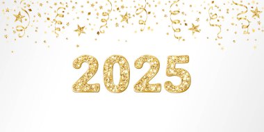 2025 altın parıltılı sayı. Mutlu yeni yıl afişleri. Altın konfetili arka plan. Uçan kurdeleler ve yıldızlar. Vektör dekorasyonu. Noel ve tatil başlıkları için, parti ilanları.