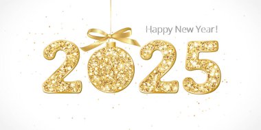 Mutlu yeni yıl afişleri. 2025 altın parıltılı sayı. Beyaz üzerine izole edilmiş yay ile parıldayan top süslemesi. Yılbaşı kartları, tatil başlıkları, parti posterleri, sosyal medya afişleri için harika. Vektör.