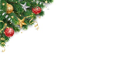 Noel ağacı süslemesi. Noel ağacı çelengi, bayram köşesi. Kış mevsimi çerçevesi, kırmızı ve altın rengi Noel süsleriyle gerçekçi ladin dalları. Vektör dosyasında şeffaf arkaplan.
