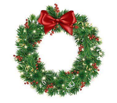 Noel ağacı çelengi. Kırmızı kurdeleli gerçekçi çam ağacı dalları. Tatil afişleri, parti posterleri, kartlar, başlıklar, sosyal medya için dekorasyon. Vektör dosyasında şeffaf arkaplan.