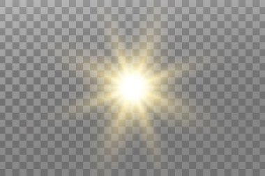 Parlayan ışıklar etkisi. Parıltı izole edildi. Parlayan altın yıldız ya da parlayan güneş. Noel için dekorasyon, yeni yıl partisi. Sihirli fotoğraf kaplaması. Şeffaf arkaplan vektör dosyasından silinebilir.