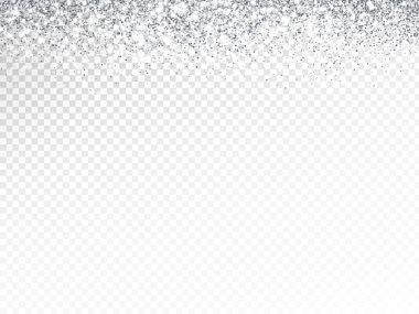 Gümüş ya da beyaz parıltılı ışıklar arka planda. Işıl ışıl parlayan yağmur etkisi. Noel için lüks çerçeve, düğün, doğum günü partisi. Şeffaf arkaplan vektör biçiminde silinebilir.