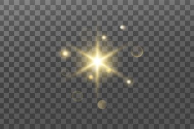 Parlayan ışıklar etkisi. Parıltı izole edildi. Parlayan altın yıldız ya da parlayan güneş. Noel için dekorasyon, yeni yıl partisi. Sihirli fotoğraf kaplaması. Şeffaf arkaplan vektör dosyasından silinebilir.