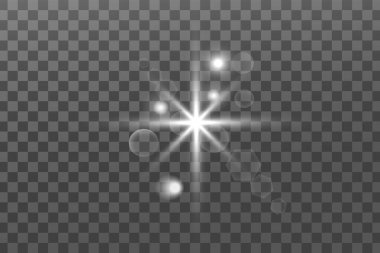 Parlayan ışıklar etkisi. Parıltı izole edildi. Parlayan beyaz yıldız ya da parlayan güneş. Noel için dekorasyon, yeni yıl partisi. Sihirli fotoğraf kaplaması. Şeffaf arkaplan vektör dosyasından silinebilir.