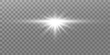 Parlayan ışıklar etkisi. Parıltı izole edildi. Parlayan beyaz yıldız ya da parlayan güneş. Noel için dekorasyon, yeni yıl partisi. Sihirli fotoğraf kaplaması. Şeffaf arkaplan vektör dosyasından silinebilir.