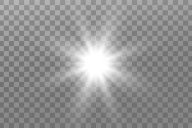 Parlayan ışıklar etkisi. Parıltı izole edildi. Parlayan beyaz yıldız ya da parlayan güneş. Noel için dekorasyon, yeni yıl partisi. Sihirli fotoğraf kaplaması. Şeffaf arkaplan vektör dosyasından silinebilir.